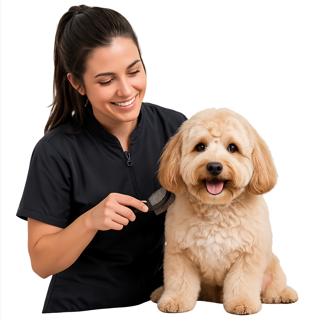 Professional groomer brushing a happy dog